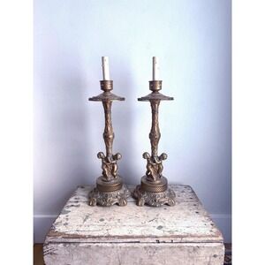 Pair Antique Brass Ornate Cherub Claw Foot Candlestick Table Lamp Set Cut Wires